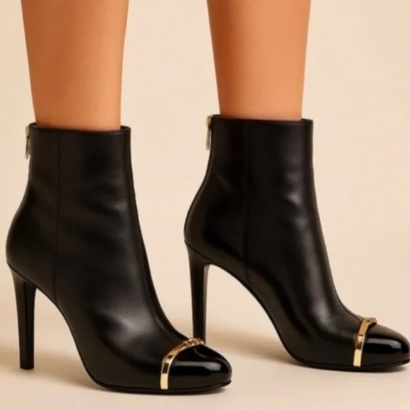 Tory Burch Pacey Black and Gold Ankle Booties - Picture 1 of 11